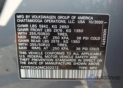 2021 Volkswagen Atlas Cross Sport 3.6L V6 Sel Premium z USA, uszkodzony, nr VIN 1V2TE2CA2MC202212